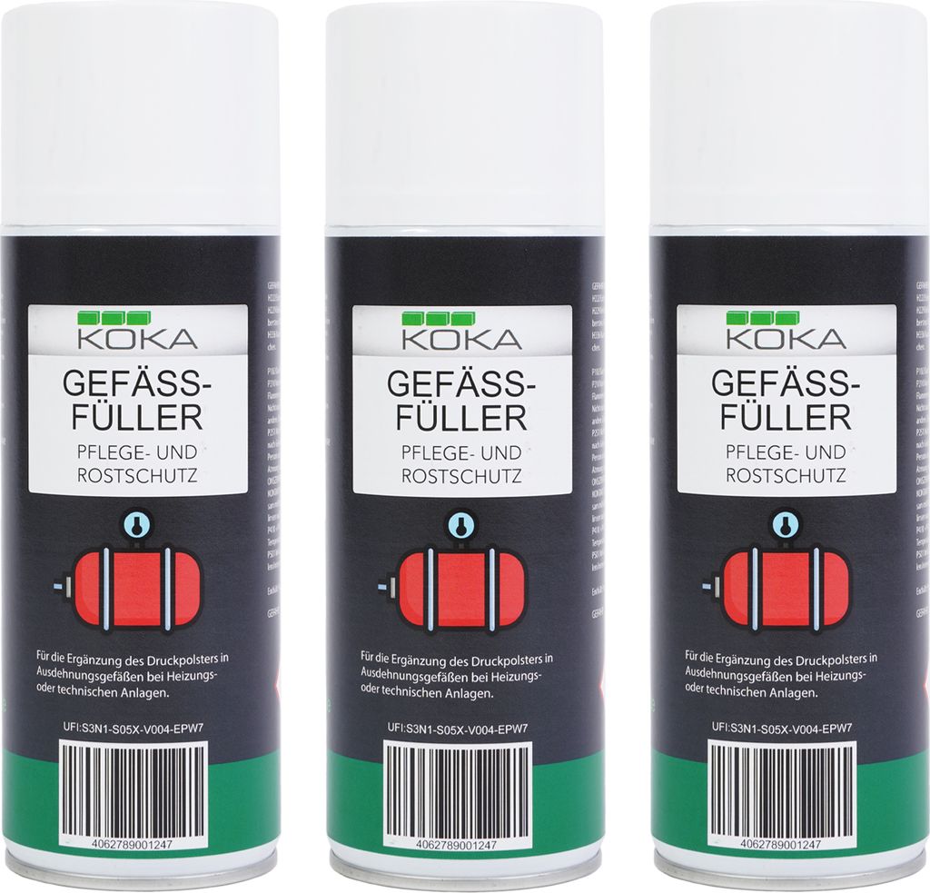 Three cans of Gefäßfüller are displayed side-by-side against a white background.