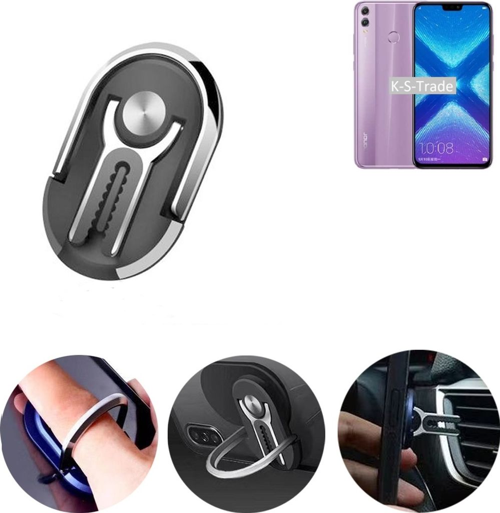 K-S-Trade 3in1 Smartphone-Ring Handy-Ring kompatibel mit Huawei Honor 8X Fingerhalterung Handyring Tischständer Lüftungsgitter-Halterung Tisch