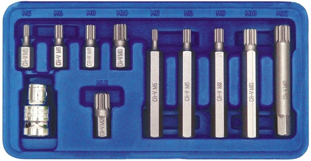 A set of Torx bits and sockets in a blue organizer tray.