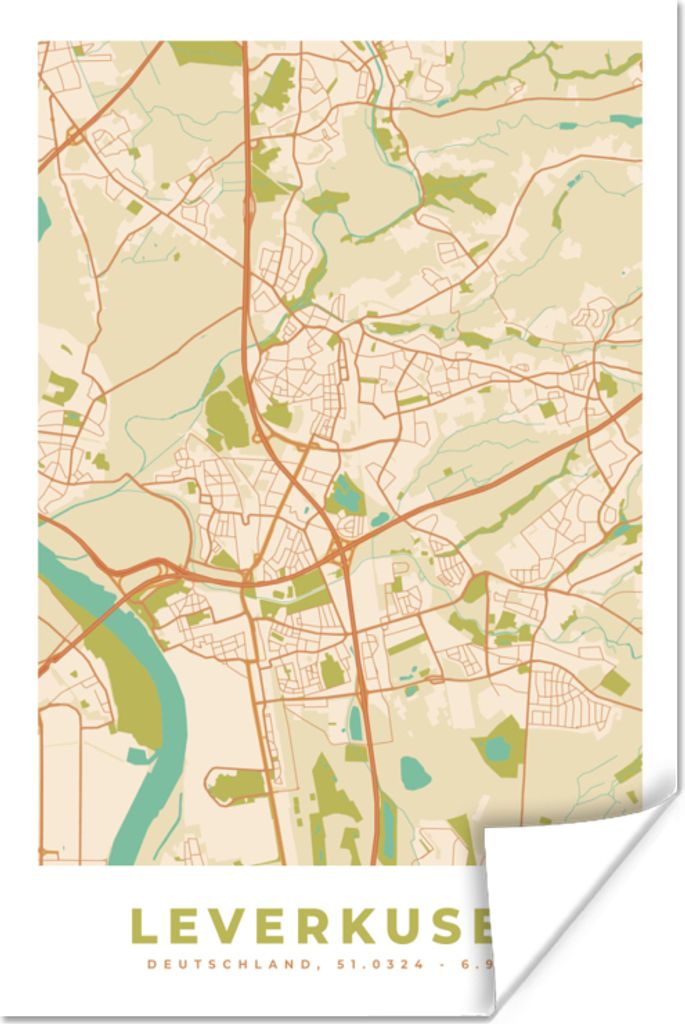 MuchoWow Poster Stadtplan - Leverkusen - Vintage - Karte 120x180 cm - Kunstposter