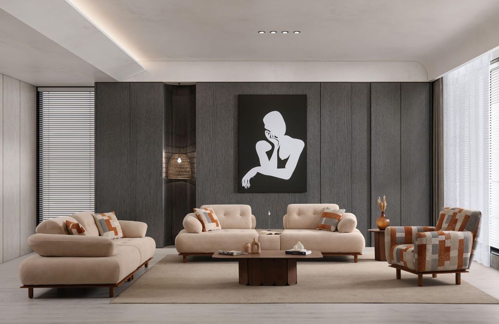 Sitzgruppe/Sofa Set "Bellora" 3+3+1 + Mittelkonsolentisch-Beige/Orange