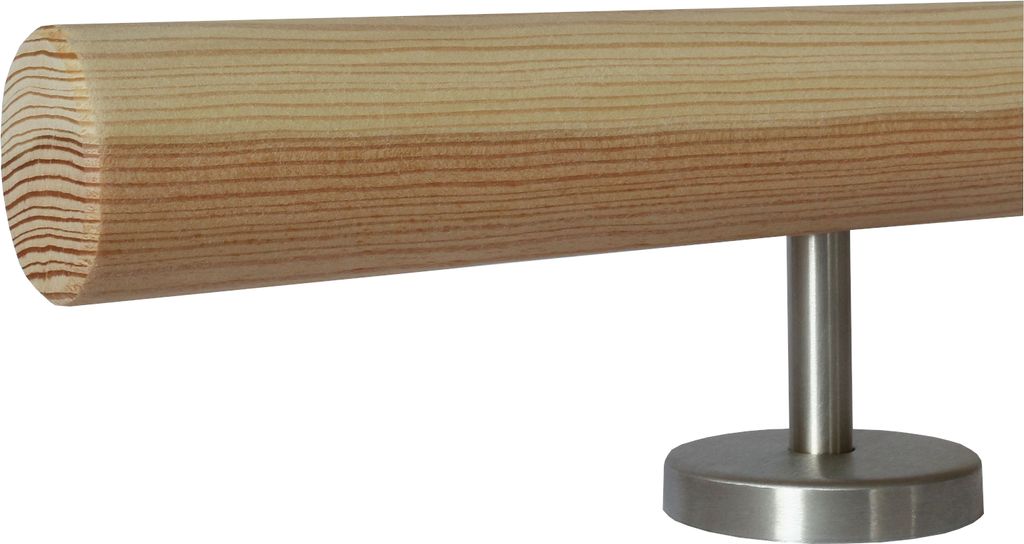 Montagefertiger unbehandelter Lärche Handlauf (auch für außen geeignet) Ø 42 mm mit gerade Edelstahlhalter und verschiedenen Endstücken/ Läng...