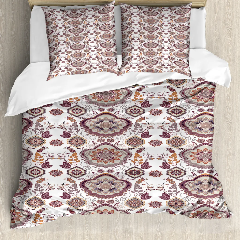 ABAKUHAUS Copripiumino vintage, disegno floreale hippie, antiacaro e anallergico con federe, 155 cm x 220 cm - 80 x 80 cm, bianco, marrone, grigio