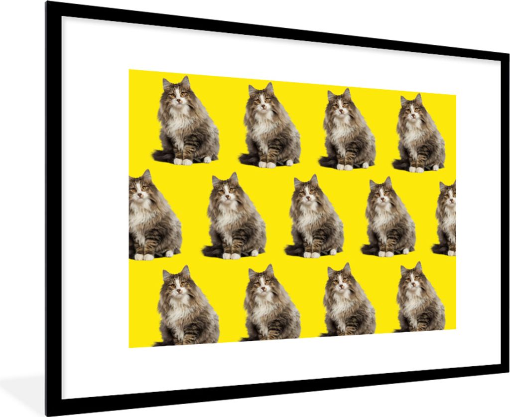 MuchoWow MuchoWow Gerahmtes Poster Katze - Muster - Gelb 90x60 cm - Poster mit zchwarzem Bilderrahmen - Wanddekoration - Fotos