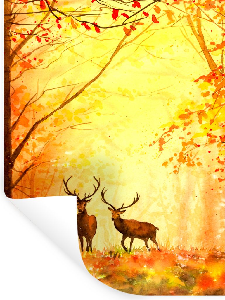 MuchoWow Wandtattoo Wandsticker Wandaufkleber Natur - Ölfarbe - Hirsche - Tiere - Herbst - Orange 60x80 cm Selbstklebend und Repositionierbar - ...