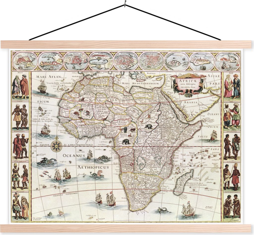 MuchoWow Textilposter Karte - Jahrgang - Afrika 150x113 cm mit holzfarbenen Rahmen - Poster