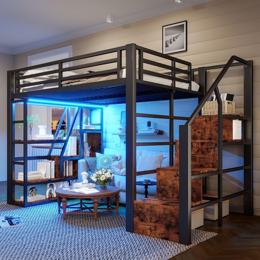 Merax Etagenbett Hochbett 140x200 cm, mit LED-Licht, Ablagefach, integrierten Stufen, Kinderbett, Metall Stockbett, Jugendbett, Eisenbett, Schwarz