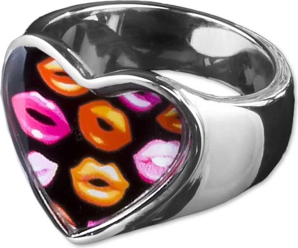 viva-adorno Gr. 56 (17,8 mm Ø) Edelstahl Damen Ring Herz Buntes Motiv Animal Print Muster Fingerring Rockabilly RS45 Lippen