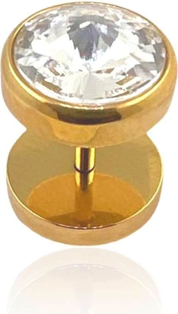 Fake Plug Ohrstecker 10mm 316L Chirurgenstahl gelbgoldfarben mit Kristall