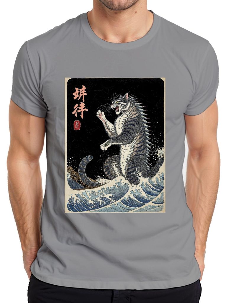 Kampfkatze Ukiyoe Meereswellen Japanisch Vintage Geschenk Herren T-Shirt, Grau, 3XL