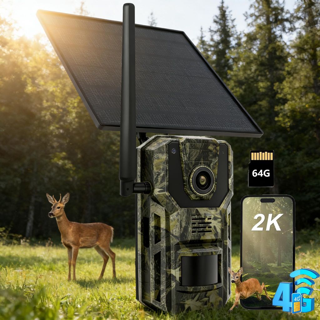 4G LTE Wildkamera mit App & Bewegungsmelder 2K Solar Überwachungskamera Aussen mit SIM Karte 7800mAh Akku No-Glow-Nachtsicht Kamera GPS mit 64G Karte