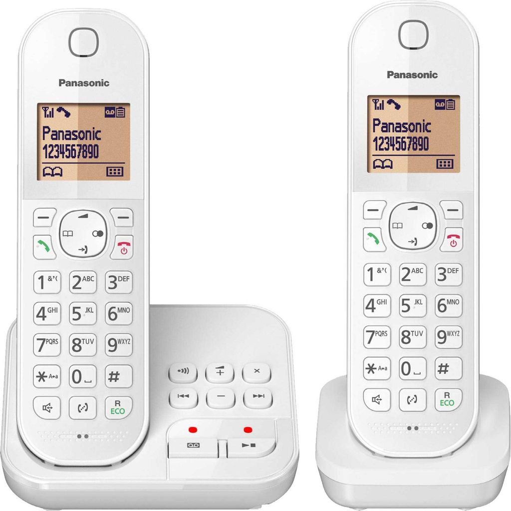 A white Panasonic DECT cordless phone set with two handsets and a base station, displayed on a white background.