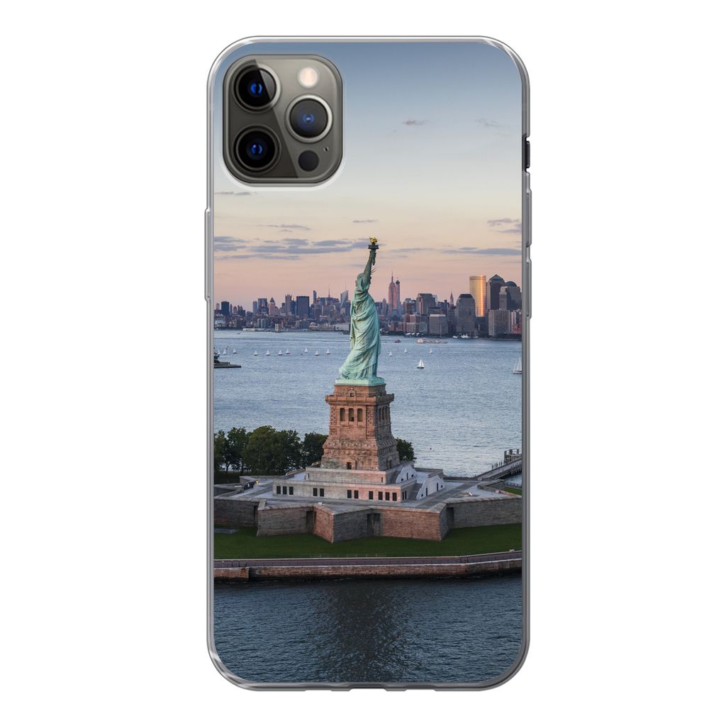 MuchoWow Handyhülle Schutzhülle Hülle für iPhone 12 Pro Max New York - Freiheitsstatue - Skyline Silikon Softcase Handy Hülle - Hartschale