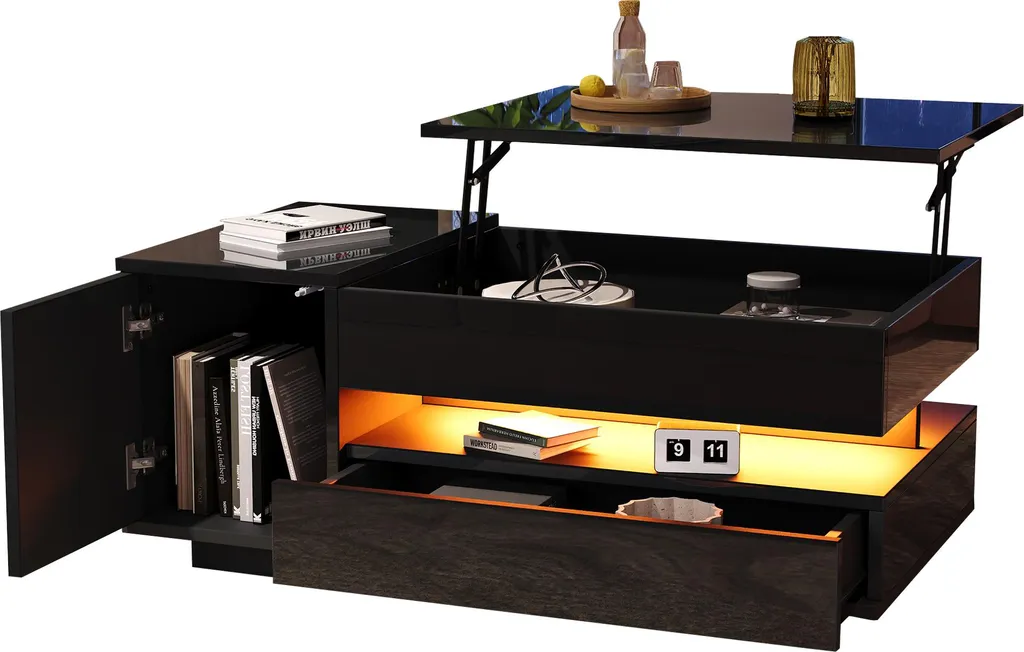 Table Basse Haute Brillance Relevable avec LED et Coffre de Rangement - 14
