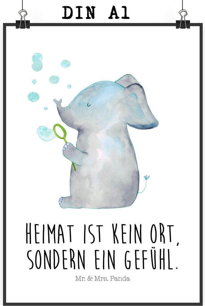Mr. & Mrs. Panda Bild Elefant Seifenblasen DIN A1 - Weiß - Geschenk, Heimat, Liebe, Lustige Sprüche, Wandbild, drucke, Liebesspruch, Elefanten, W...