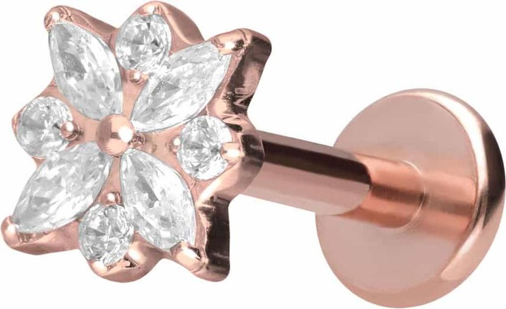 Ohrpiercing, Nasenpiercing Titan Labret mit Push Fit KRISTALLBLUME RoséGold Stablänge: 10mm | Stabstärke: 1mm