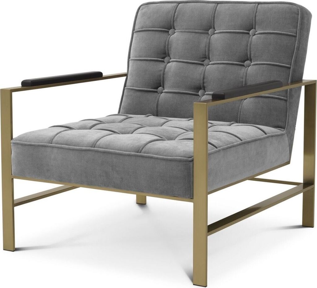 Casa Padrino Luxus Sessel Grau / Messingfarben / Schwarz 70,5 x 80,5 x H. 75 cm - Wohnzimmer Sessel mit Edelstahl Gestell - Luxus Wohnzimmer Möbel