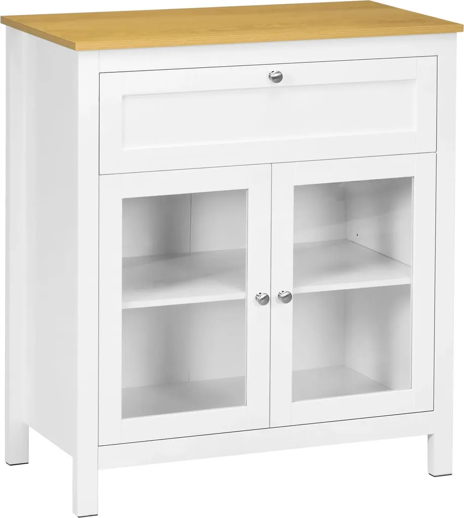 Meuble de cuisine blanc avec portes vitrées en verre et tiroir de rangement