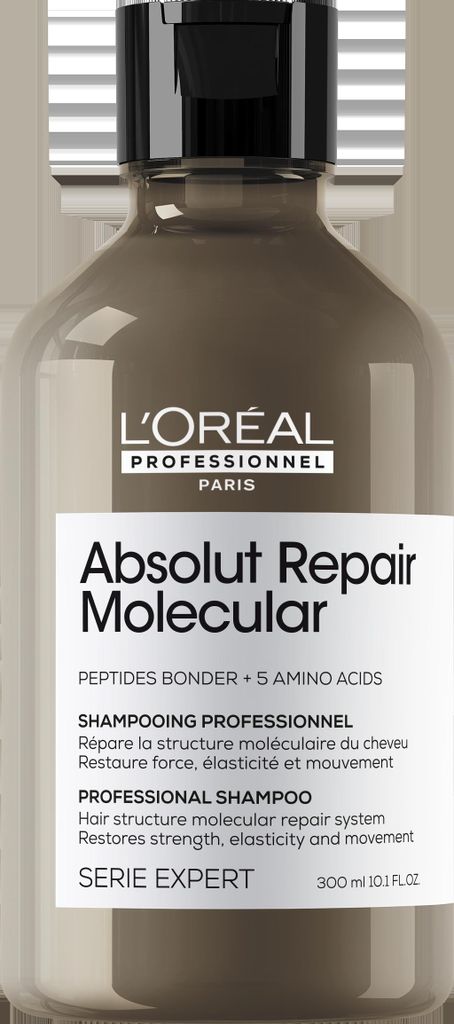 A close-up studio shot of a L'Oréal Professionnel Absolut Repair Molecular shampoo bottle.