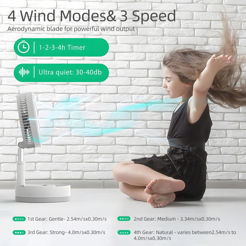 Ventilateur silencieux 4 vitesses avec batterie Type-C et veilleuse LED - 4