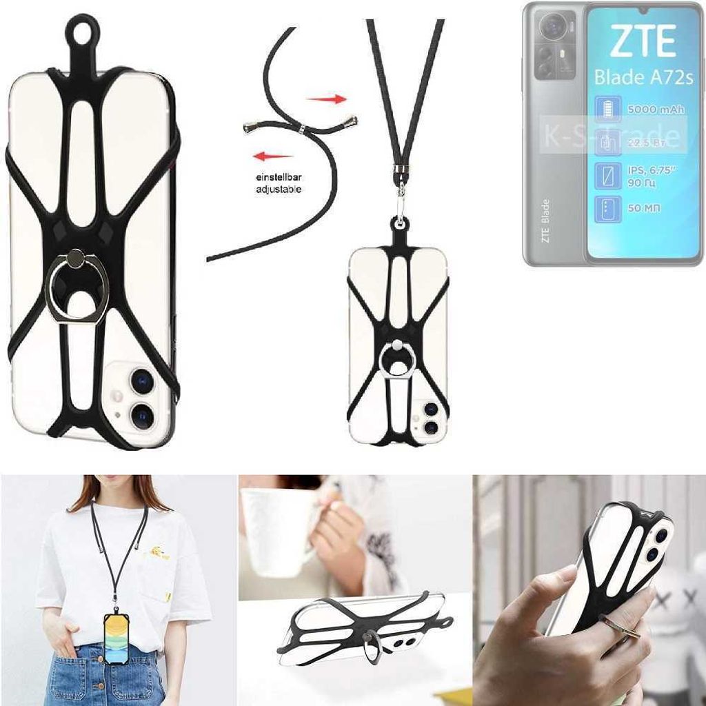 K-S-Trade 3in1 Handykette Handyband Handykordel Halsband Smartphone-Ring Handy-Ring kompatibel mit ZTE Blade A72s Fingerhalterung Handyring