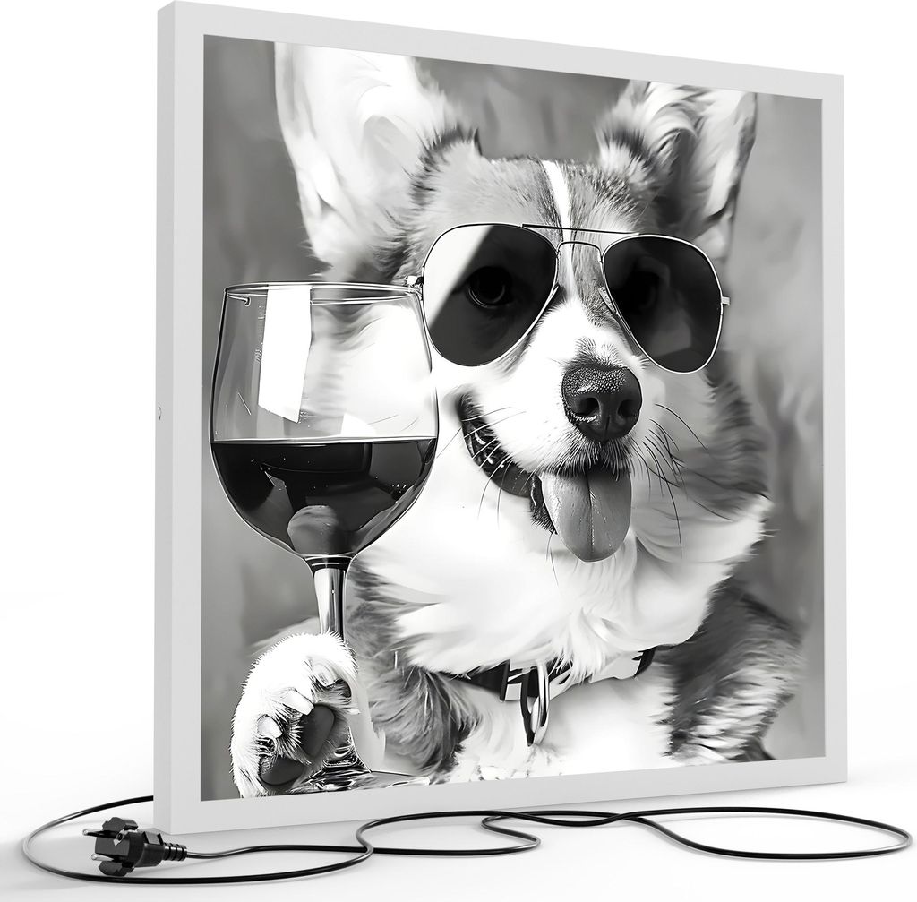 DEQORI LED-Bild & Lampe 60x60 cm Weiß 'Corgi mit Klasse' Leuchtbild LED Wandbild Leuchte
