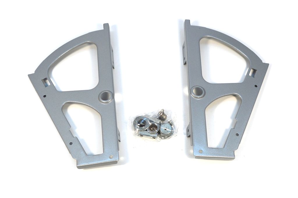 Two metal hinges and a small bag of screws are laid out on a white background.