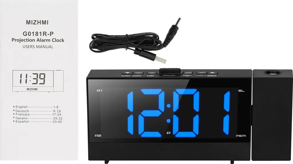 Radio-réveil projecteur plafond avec double alarme et chargeur USB