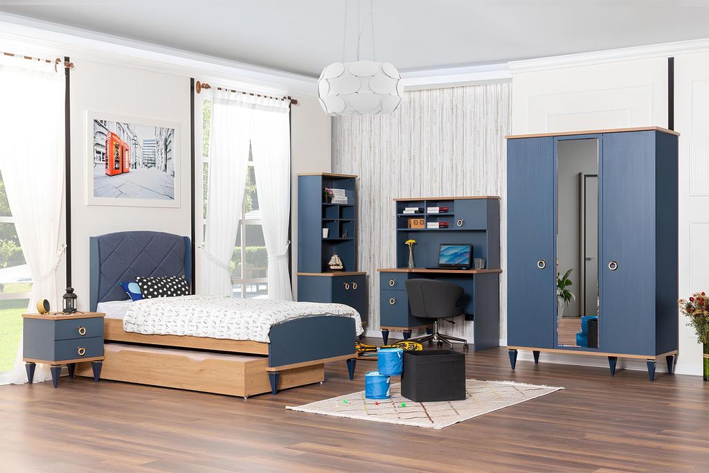Blaues Kinderzimmer Polsterbett Designer Bettrahmen Holzgestell Möbel