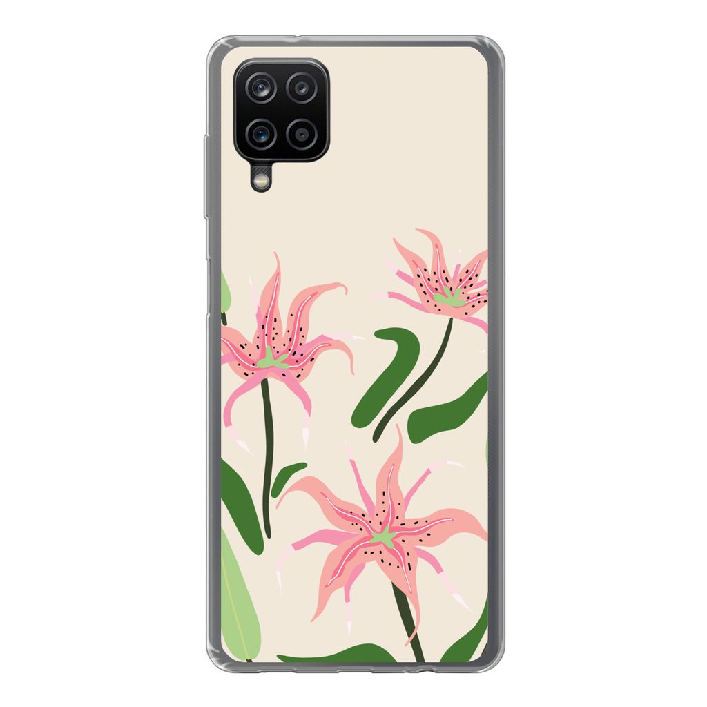 MuchoWow Handyhülle Schutzhülle Hülle für Samsung Galaxy A12 Blume - Rosa - Blätter Silikon Softcase Handy Hülle - Bild