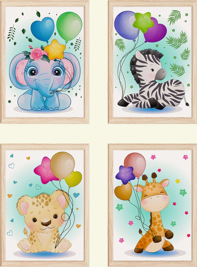 Zoo Safari Afrika Tiere Luftballon Bilder 4er Set DIN A4 Kinderzimmer Wandbilder Babyzimmer Poster Dekoration