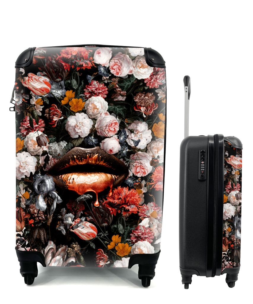MuchoWow Koffer Handgepäck Trolley Rollkoffer Kleine Reisekoffer mit 4 Rollen - Lippen - Blumen - Farbe - Orange - Kunst - Abstrakt - Alte Meist...