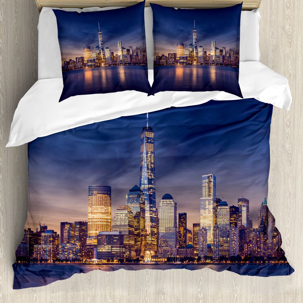 ABAKUHAUS New York Bettbezugs Set Für Doppelbetten, Manhattan Landschaft, Milbensicher Allergiker geeignet mit Kissenbezügen, Marine Gold