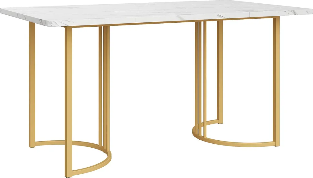 Sweiko 140 x 80cm tavolo da pranzo, (1-St), tavolo da cucina moderno, struttura in metallo tavolo da pranzo rettangolare in marmo moderno tavolo da cucina con gambe regolabili per sala da pranzo soggiorno, bianco / oro - 4
