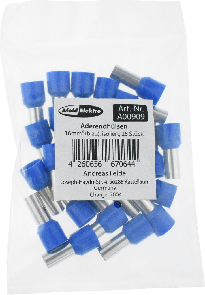 Aderendhülsen 16mm² (blau), isoliert, 25 Stück