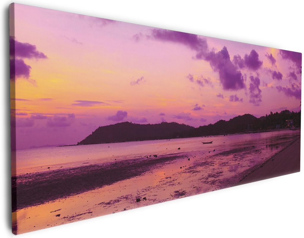 Wallario Premium Leinwandbild Sonnenuntergang unter Palmen Himmel in lila und orange in Größe 60 x 150 cm