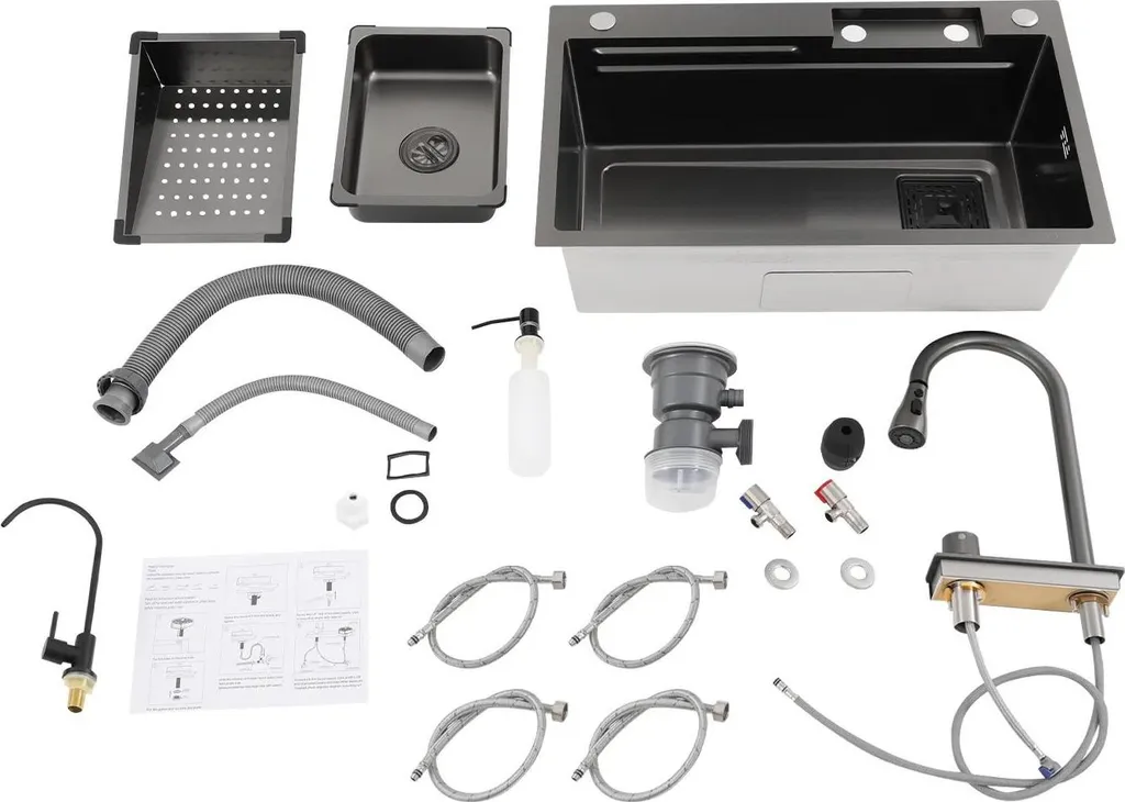 Évier cuisine noir inox 304 anti-rayures avec cuve simple profonde