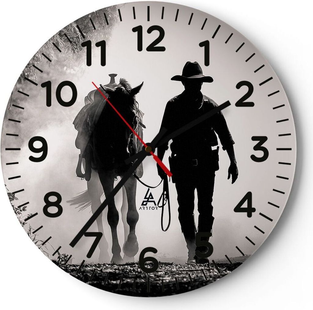 Wanduhr - Rund - Glasuhr - Cowboy Pferd Shady - 40x40cm - Schleichendes Uhrwerk - Lautlos - zum Aufhängen bereit - Dekoration Modern - Wanddekorat...