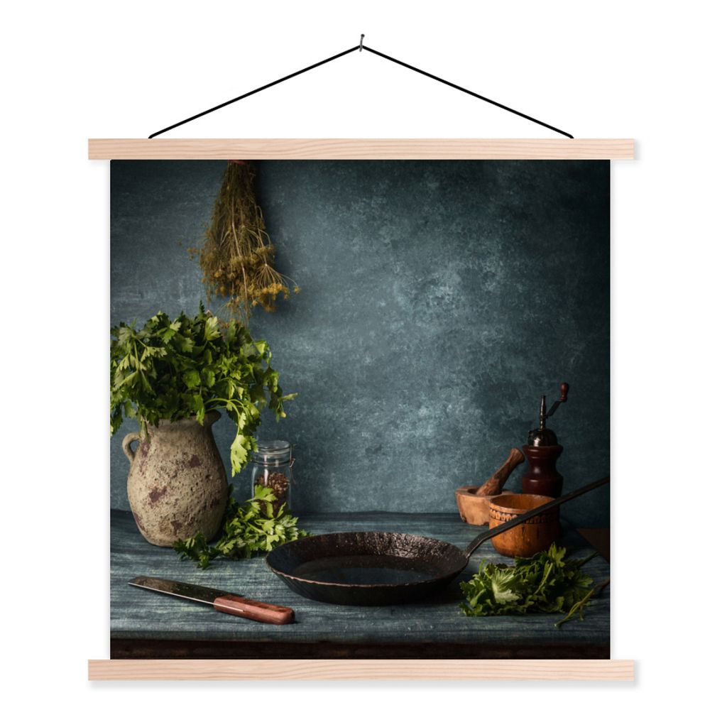 MuchoWow Textilposter Kräuter - Gewürze - Pfanne - Messer - Grau - Rustikal 120x90 cm mit holzfarbenen Rahmen - Magnetisch