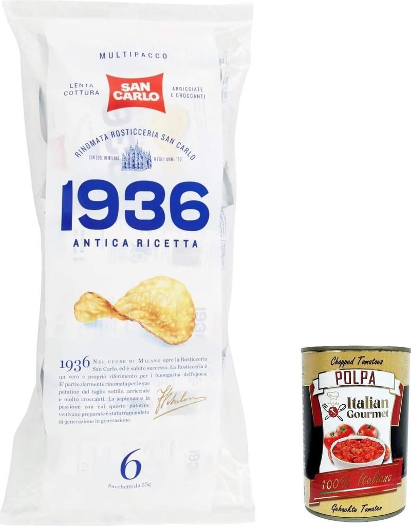 12x San Carlo 1936 Chips Patatine Kartoffelchips gesalzen Multipack (6x 25g) 150g Kartoffel chips + Italian Gourmet polpa 400g