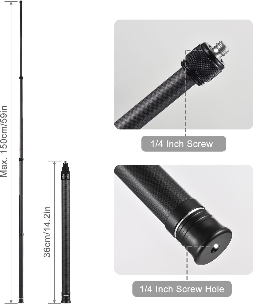 Tragbare Selfie Stick Carbon Fiber Stand Kamera Halterung 1/4 Zoll Schraube Mount 36cm-150cm/14.2in-59in Einstellbare Länge Kompatibel mit Insta36...
