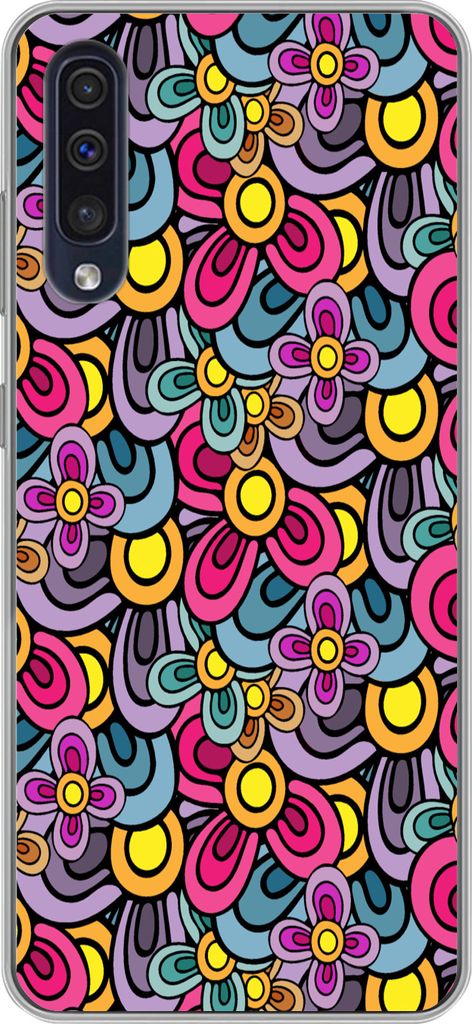 MuchoWow Handyhülle Schutzhülle Hülle für Telefoonhoesje Samsung Galaxy A50 Diagramm - Hippie - Blumen - Lila Silikon Softcase Handy Hülle -...