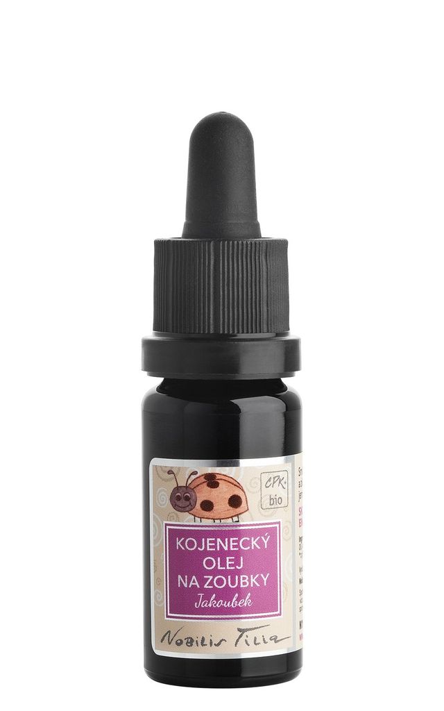 A small glass bottle with a dropper lid, containing a natural oil product for babies.
