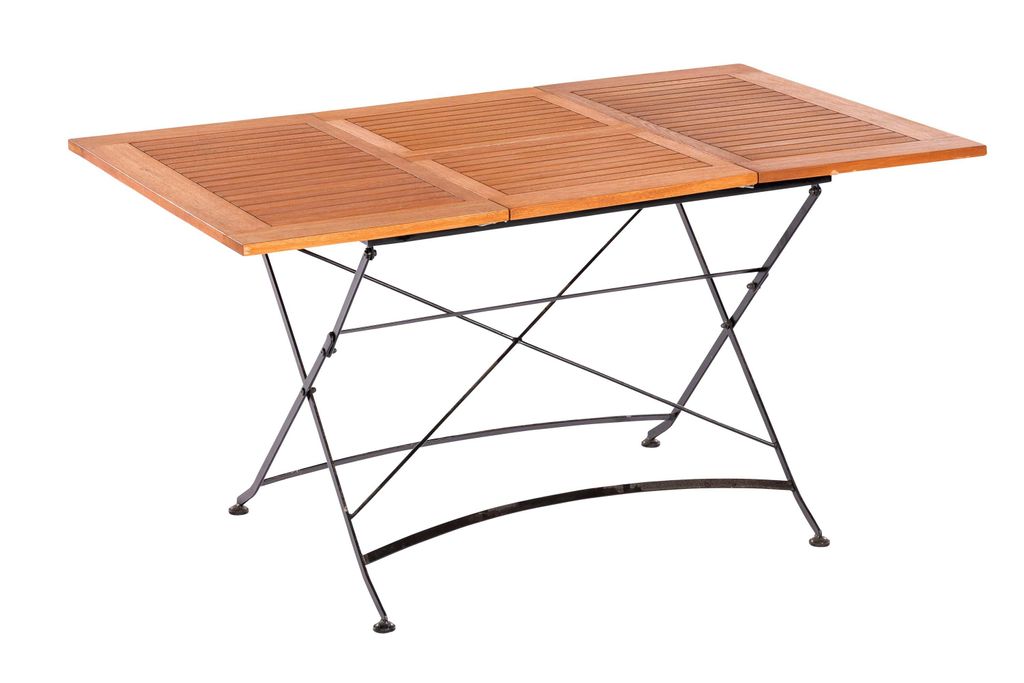 A wooden folding table with a metal frame, shown against a white background.