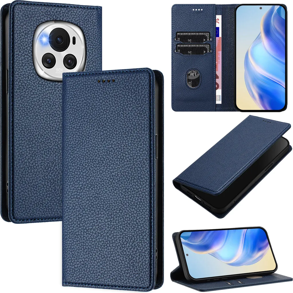 Custodia Honor Magic6 Pelle Litschi Blu - Cover Portafoglio con Supporto