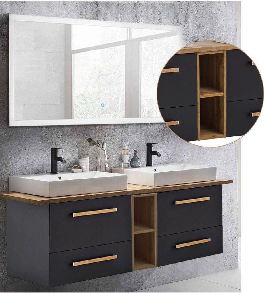 Badmöbel Waschtisch & LED-Spiegel Set DABO-04 in anthrazit mit Landhaus Eiche, B/H/T 210/200/50 cm