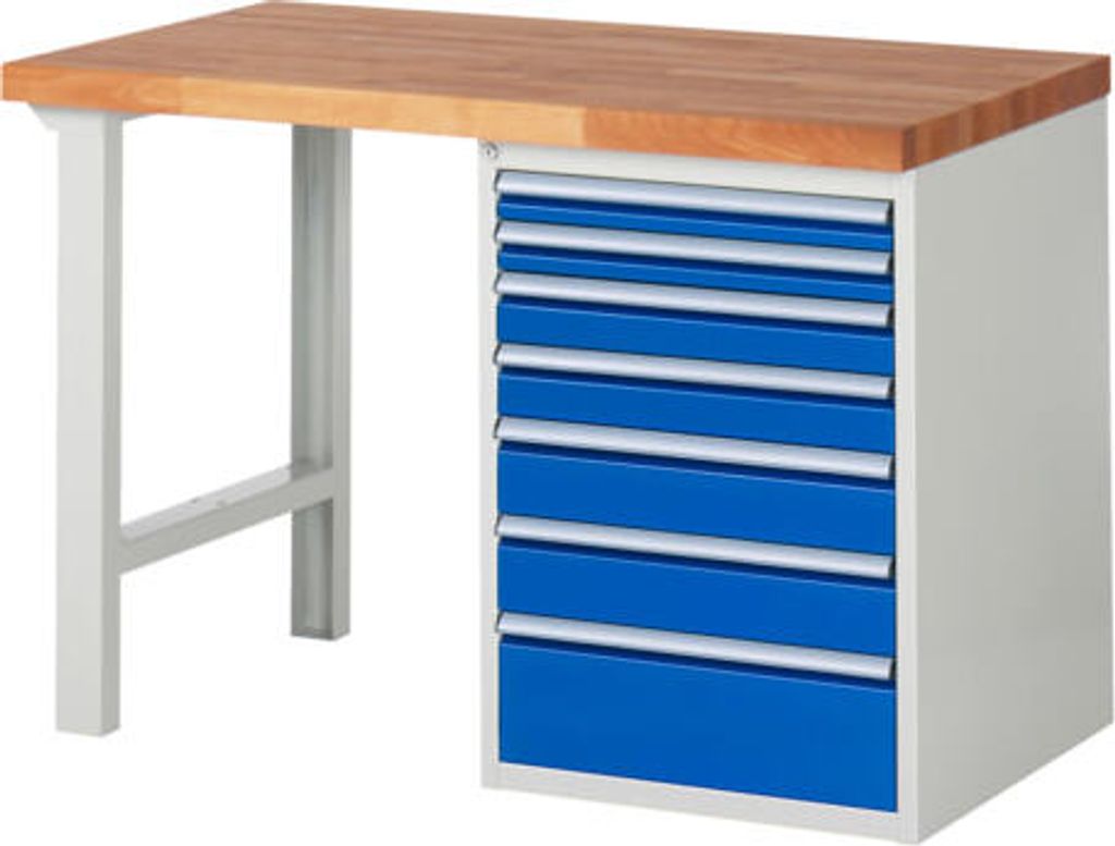 Werkbank mit 7 Schubladen - Vollauszug - 60:2 / 90:2 / 120:2 / 180:1 - 890 x 1.250 x 700 mm (HxBxT) - Traglast 1.000 kg - Buche