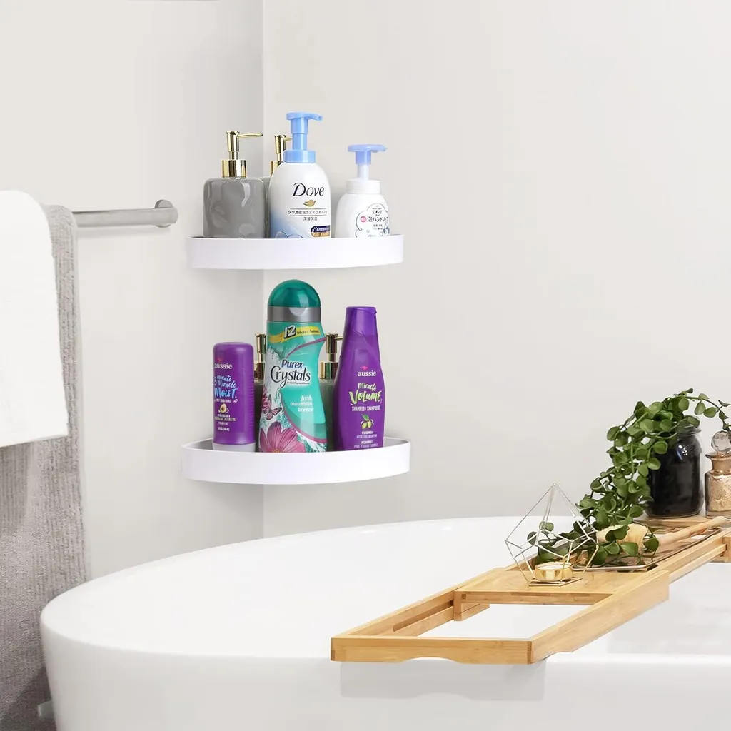 Double étagère de douche d'angle sans perçage avec 4 crochets blancs - 3