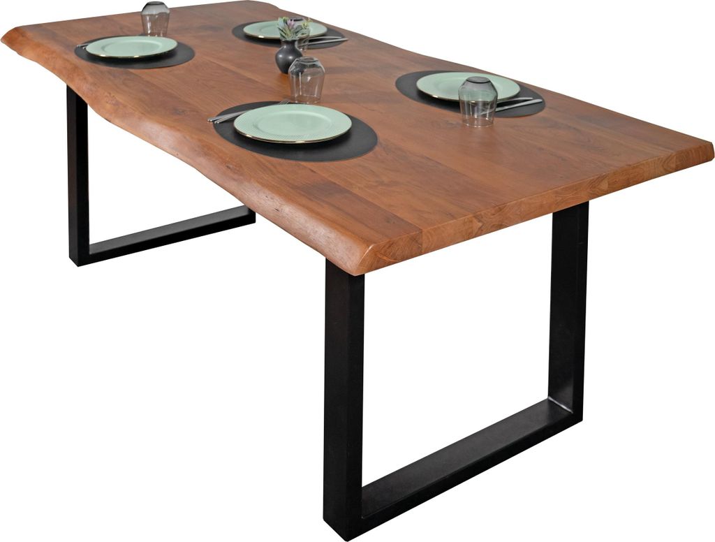 Esstisch Baumkante massiv Akazie Nussbaum 260 x 110 U-Gestell schwarz CALI