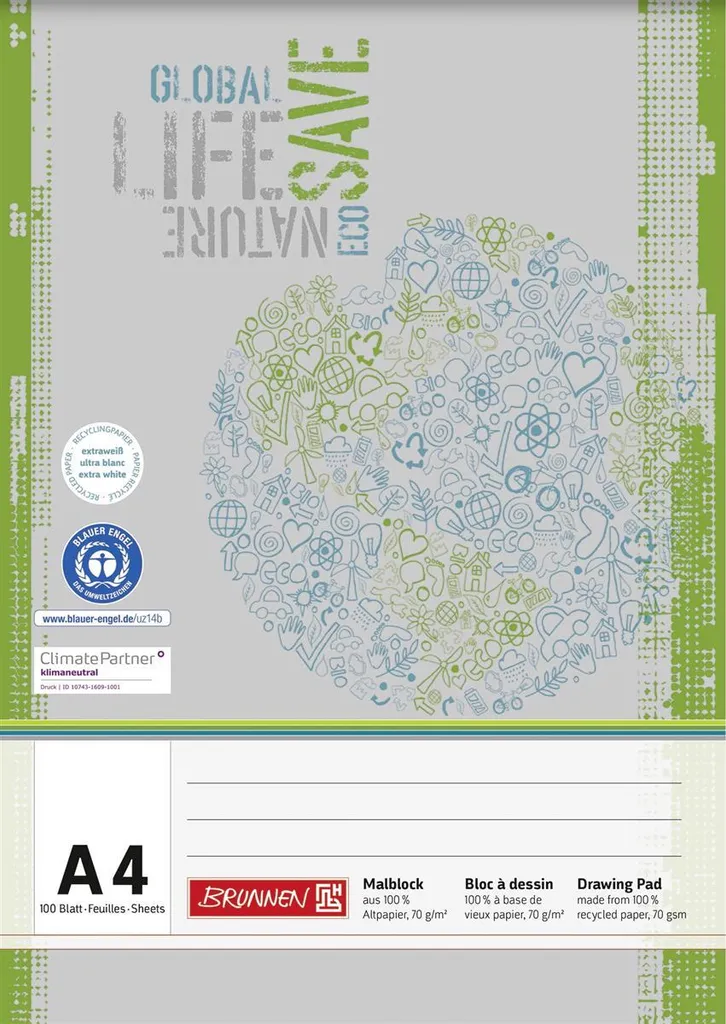 Malblock A4 Brunnen 100 pages recyclées : lot de 5 blocs de dessin blanc